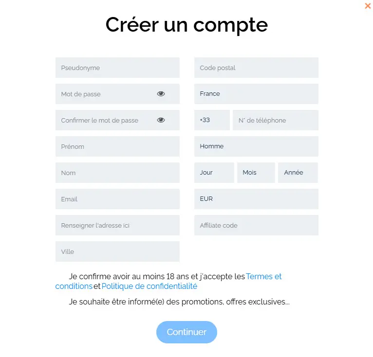 Processus d'inscription ARES CASINO